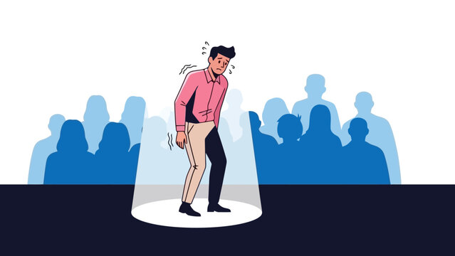 Nervous man in spotlight feeling anxious and stressed in front of a crowd