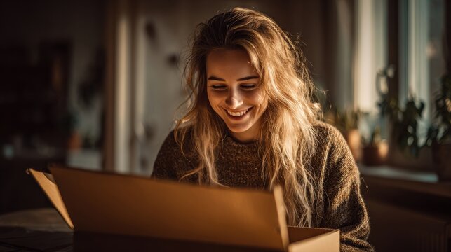 Excited woman opening a package at home, a gift arrival brings a smile.