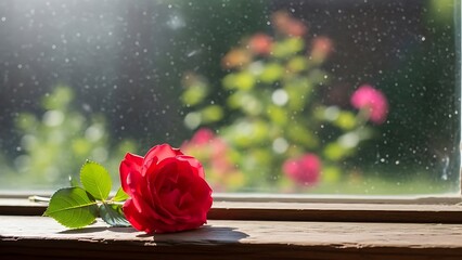 Single rose on windowsill