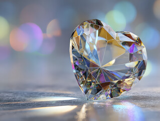 Gleaming Diamond Heart Reflecting Colorful Bokeh Lights