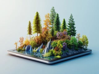 A tablet displaying a vibrant forest scene.