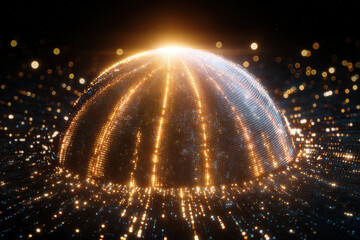 Glowing digital dome of golden light and particles forming futuristic hemisphere emitting warm radiance and sparkling bokeh atmosphere