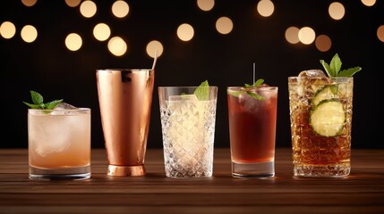Assorted cocktails with fresh ingredients.
