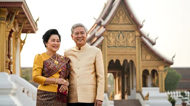 Lao couple smiling traditional Sinh dress near Buddhist temple copy space.