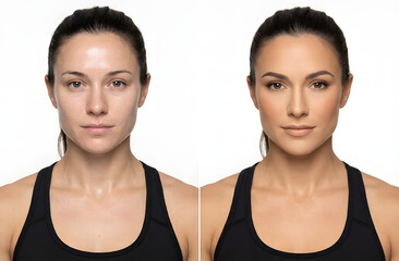 Before and After Makeup Portrait of Woman Isolated on White Background