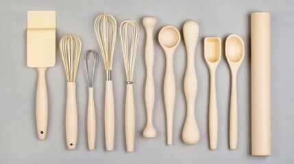 Assorted wooden kitchen utensils on gray background.
