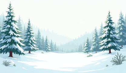 Snowy winter landscpae surrounded by icy mountains and spine trees,Landscape of a winter snowy day. Beautiful vector illustration of winter natural landscape for design.