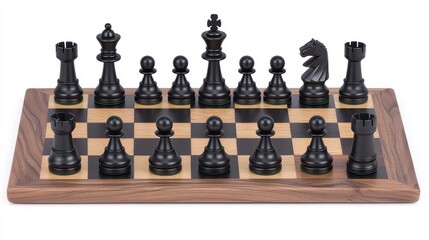 Black chess pieces on a wooden chessboard setup.