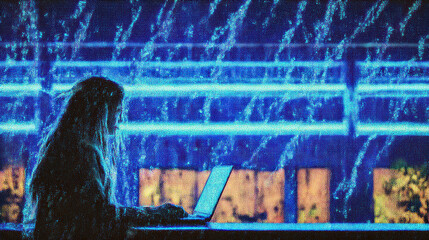 Silhouette laptop rain night city cafe portrait contemplative