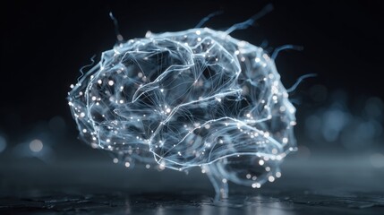 Artificial Intelligence and Cognitive Function: Glowing Digital Human Brain Composed of Interconnected Plexus Lines and Luminous Dots, Symbolizing Neural Networks and Machine Learning.