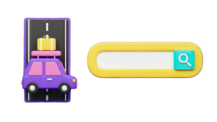 3D Car with Luggage on Road and Search Bar Concept