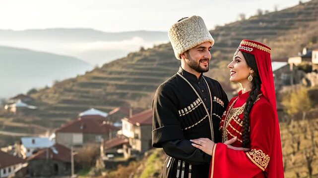 Georgian Couple Smiling Chokha Attire Hill Village Copyspace