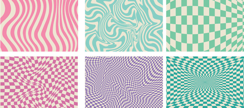 Retro psychedelic patterns wavy stripes checkerboard optical illusion backgrounds vibrant groovy abstract design set