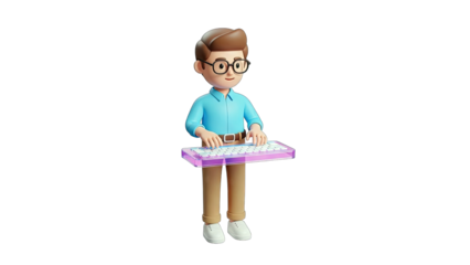 3D Cartoon Man Typing on Keyboard, Isolated on White Background