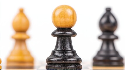 Close-up of chess pieces on a wooden board.