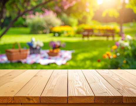 Empty wooden table surface with blurred outdoor picnic park background