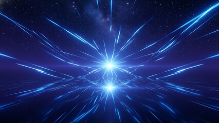 Abstract blue light streaks exploding outward from a central bright core