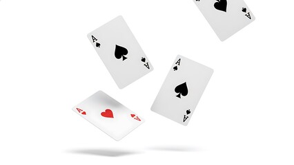 Four aces playing cards falling through the air against a white background