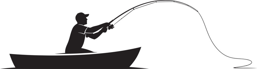 Obraz premium Silhouette of a lone fisherman in a small boat, actively casting or reeling in a fish. Ideal vector graphic for outdoor sports, hobby, recreation, and fishing-related businesses or apparel designs.