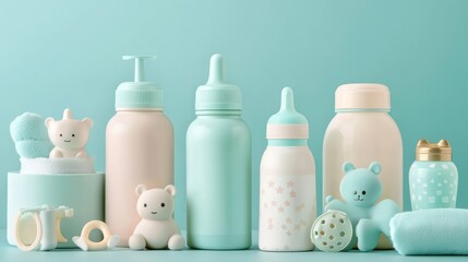 Colorful baby bottles and toys on teal background.
