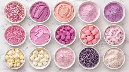 Colorful bowls of sweet toppings and treats.