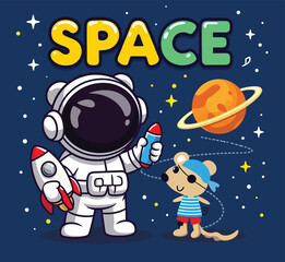 Cute Cartoon Animals Astronauts Exploring Outer Space with Planets