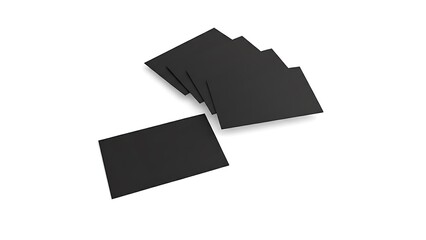 A stack of four blank black business cards and one separate black card on a white background