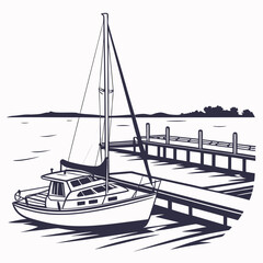 Sailboat Moored at a Wooden Pier with Distant Shoreline yacht dock