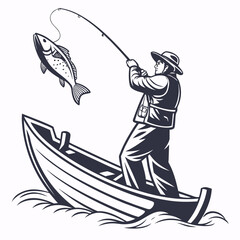 Fisherman in a Boat Catching a Fish with a Rod and Reel fishing person