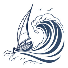 Sailboat Battling a Large Ocean Wave with Seagulls Flying Above sailing ship