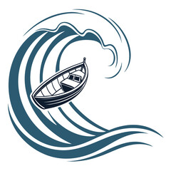 Small Boat Tossed by a Large Stylized Wave dinghy rowboat