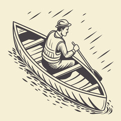 Man in Canoe Paddling on Water with Life Vest Illustration boat paddle