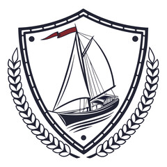 Sailing boat emblem with laurel wreath and red flag sailboat crest