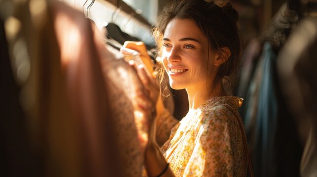 Woman smiles as she browses through clothing at a local boutique shop. - Powered by Adobe