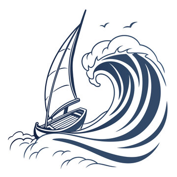 Sailboat Battling a Large Ocean Wave with Seagulls Flying Above sailing ship