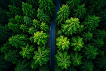A high-angle aerial view of a vibrant green forest with a winding road cutting through