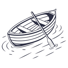 Rowboat with Oar Floating on Water Surface Line Art paddle