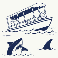 Tourist Boat and Shark Attack Scene Line Art ferry shark fin