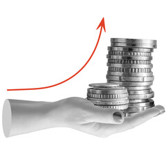 Hand holding stack of coins with upward arrow. Represents savings, growth, or investment return. Part of series.