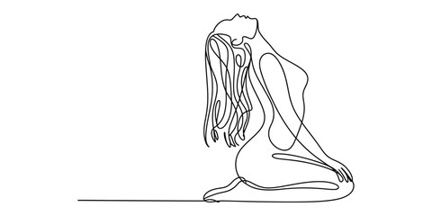 Continuous line drawing of kneeling woman Vector, illustration