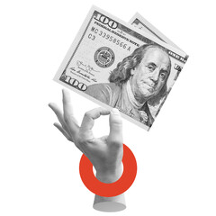 Hand makes OK gesture and holds folded hundred dollar bill. Symbolizes financial approval, success, or wealth. Part of series