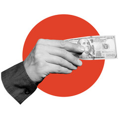 Hand holding US hundred-dollar bill against red circular background. Emphasizes high value, wealth, or financial power. Part of series.