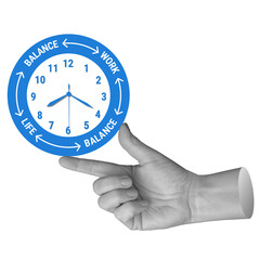 Hand pointing to clock with BALANCE, WORK and LIFE text. Symbolizes managing work-life balance or prioritizing tasks. Part of series