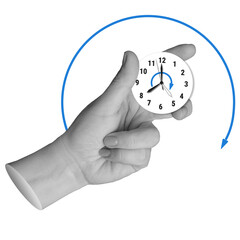 Hand holding small clock with circular arrow. Represents time cycle, recurring tasks, or deadlines. Part of series