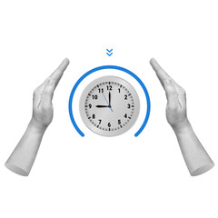 Two hands frame clock with double hands. Symbolizes value of time, passage of time, urgency, or limited time for action. Part of series