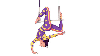 Acrobat Performer Gracefully Hanging Upside Down on Trapeze Apparatus © Ega