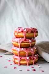 Naklejka premium Stack of pink frosted doughnuts with heart sprinkles