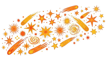 Cosmic Burst of Orange and Yellow Stars, Comets, and Swirls in Space © Ega