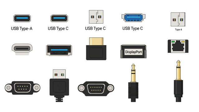 Collection of Various Electronic Ports and Connectors for Technology and Data Transfer