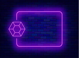 Jewelry shop neon advertising. Precious stone invitation. Empty violet frame and amethyst. Copy space. Editing text. Vector stock illustration